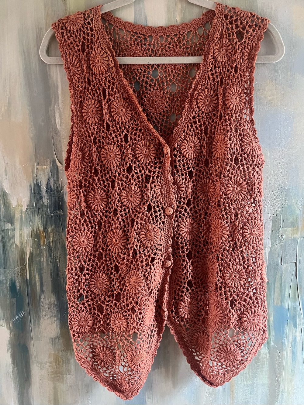 Terracotta Crochet Floral Openwork Vest Boho Button Front